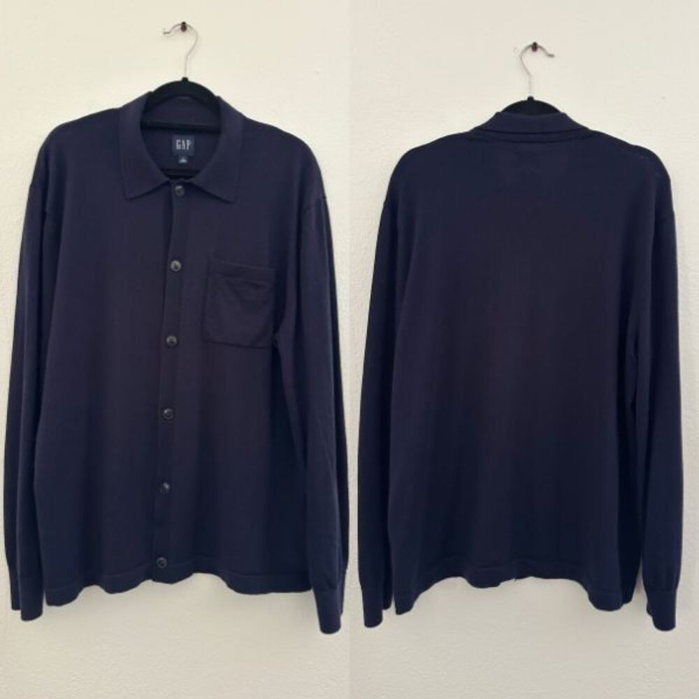 GAP Men's Merino Wool Sweater Cardigan Shirt Tapestry Navy Button Up Size Large